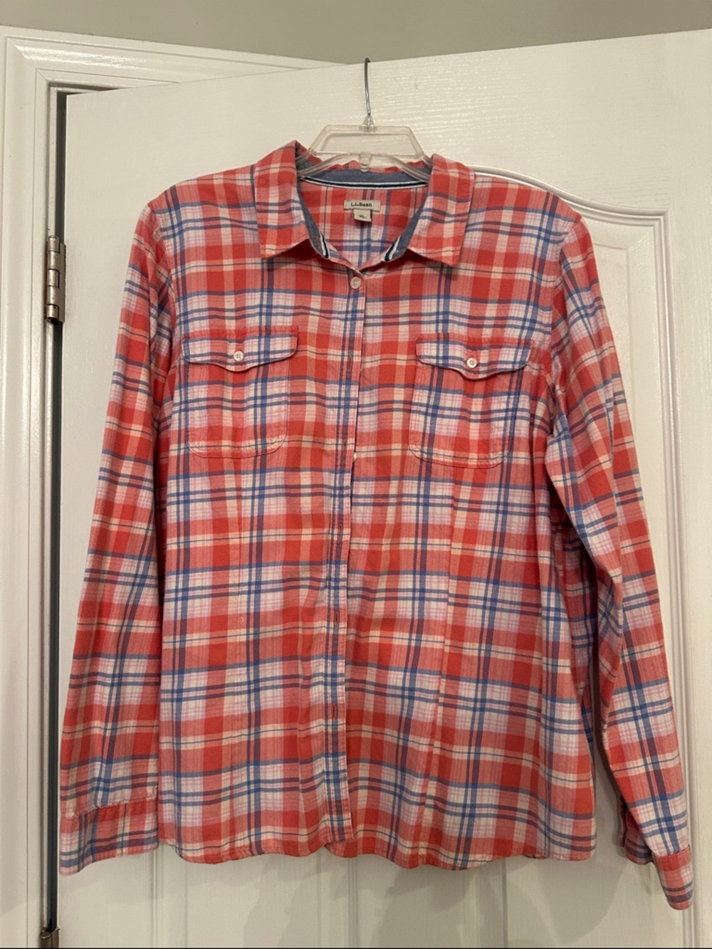 L.L. Bean Coral-Red and Blue Plaid Flannel Button-Up